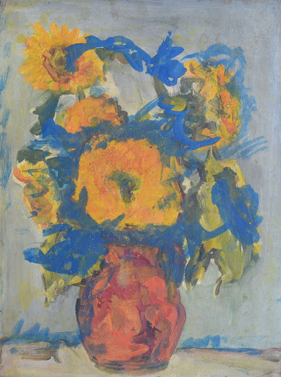 Sonnenblumen in brauner Vase vor hellgrauem Hintergrund, um 1993, Acryl auf Karton, 37,0 x 50,0 cm