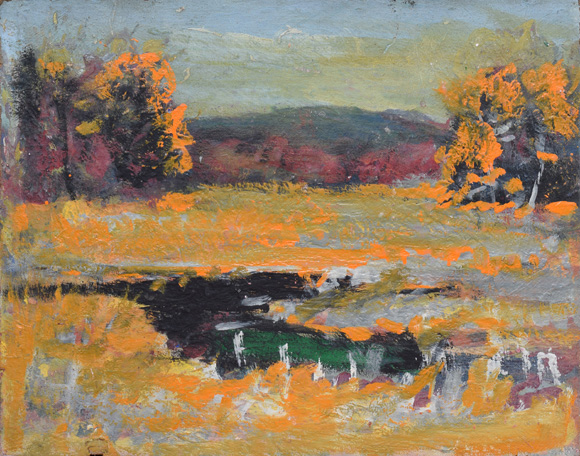 Mooslandschaft mit orangeocker Übermalung, um 1994, Öl auf Hartfaser, 56,2 x 70,5 cm