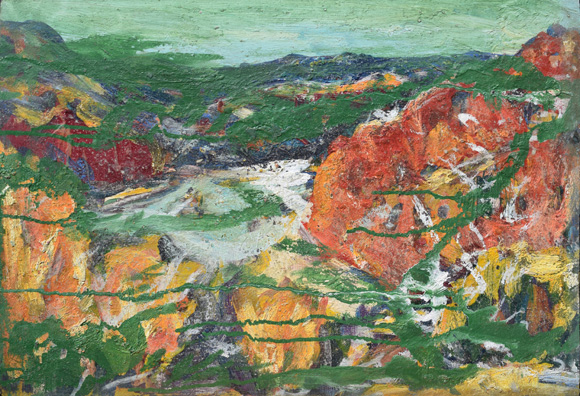 Isartal mit Georgenstein, grün übermalt, um 1995, Öl/Acryl auf Karton 40,2 x 58,2 cm