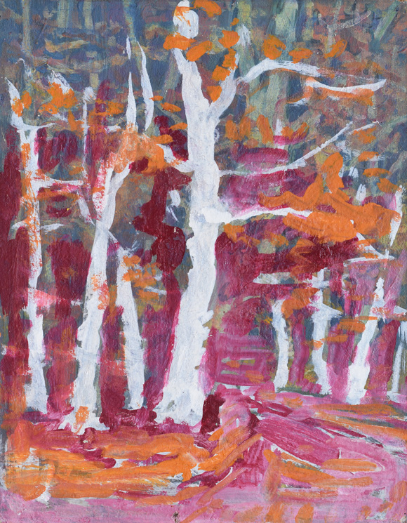 Abendlicher Wald, um 1995, Acryl auf Hartfaser, 71,2 x 55,7 cm