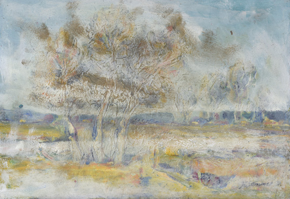 Konrad Sommer, Bäume in flacher Landschaft, weiß übermalt, 1974-1996, Acryl, Öl auf Karton, 39,9 x 56,9 cm,
bez. u.r.: K. Sommer 74, Signatur und Datierung teilweise übermalt