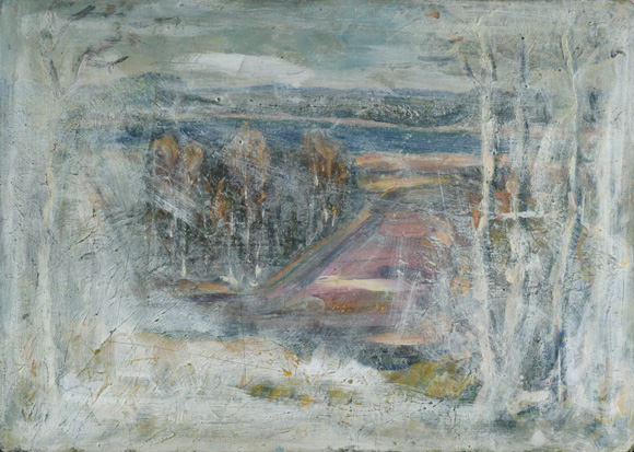 Landschaft, weiß übermalt, um 1997, Mischtechnik auf Karton, 55,7 x 77,7 cm