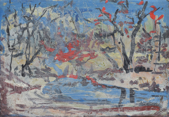 Winterlandschaft mit Bäumen an einem Weiher, um 1997, Acryl auf Karton, 40,2 x 58,5 cm
