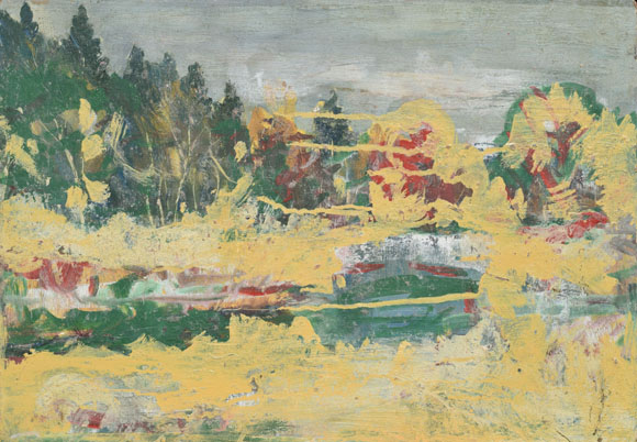 Gewässer mit Wald, ockergelb übermalt, um 1995, Mischtechnik auf Karton, 40,4 x 57,1 cm